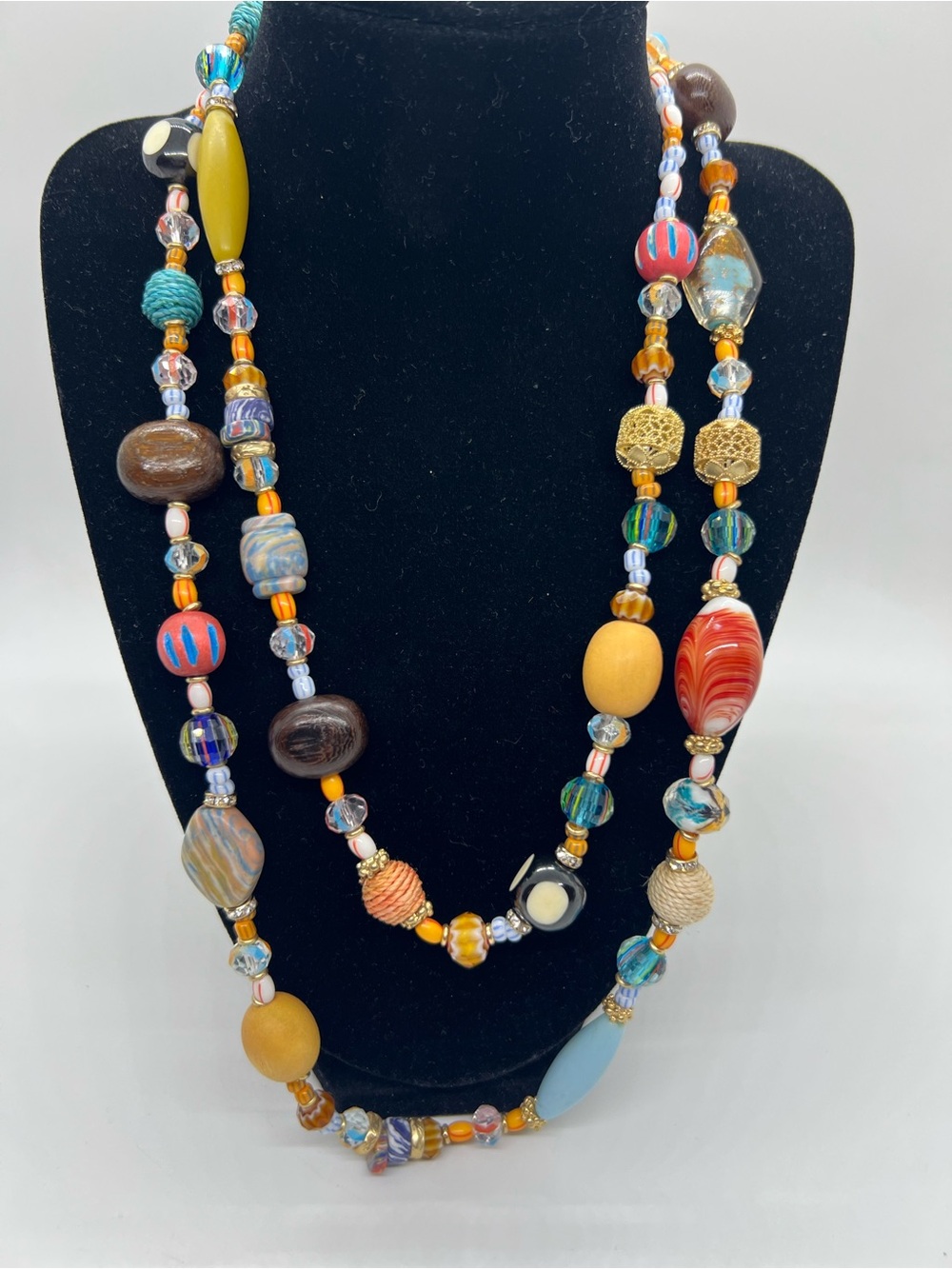 Chico’s Statement Necklace Long Strand Mixed Media Materials Multi Colored